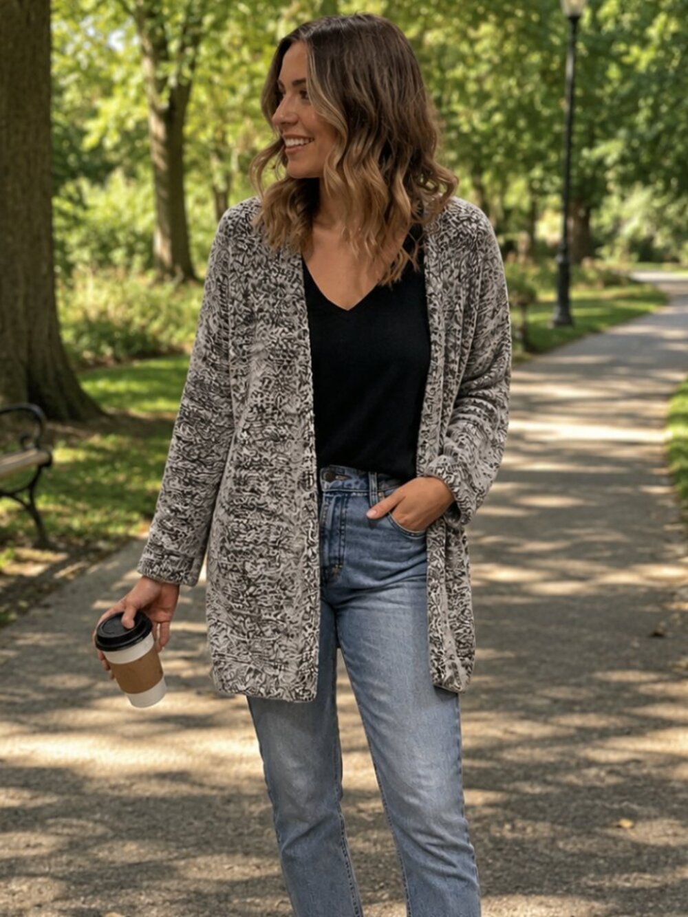 Soft & Fuzzy Open Cardigan Peyton Primrose Black/White Marled Knit Women's